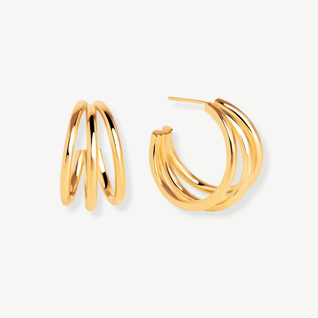 Pendientes 3 aros apilables baño oro - Tresora Paris